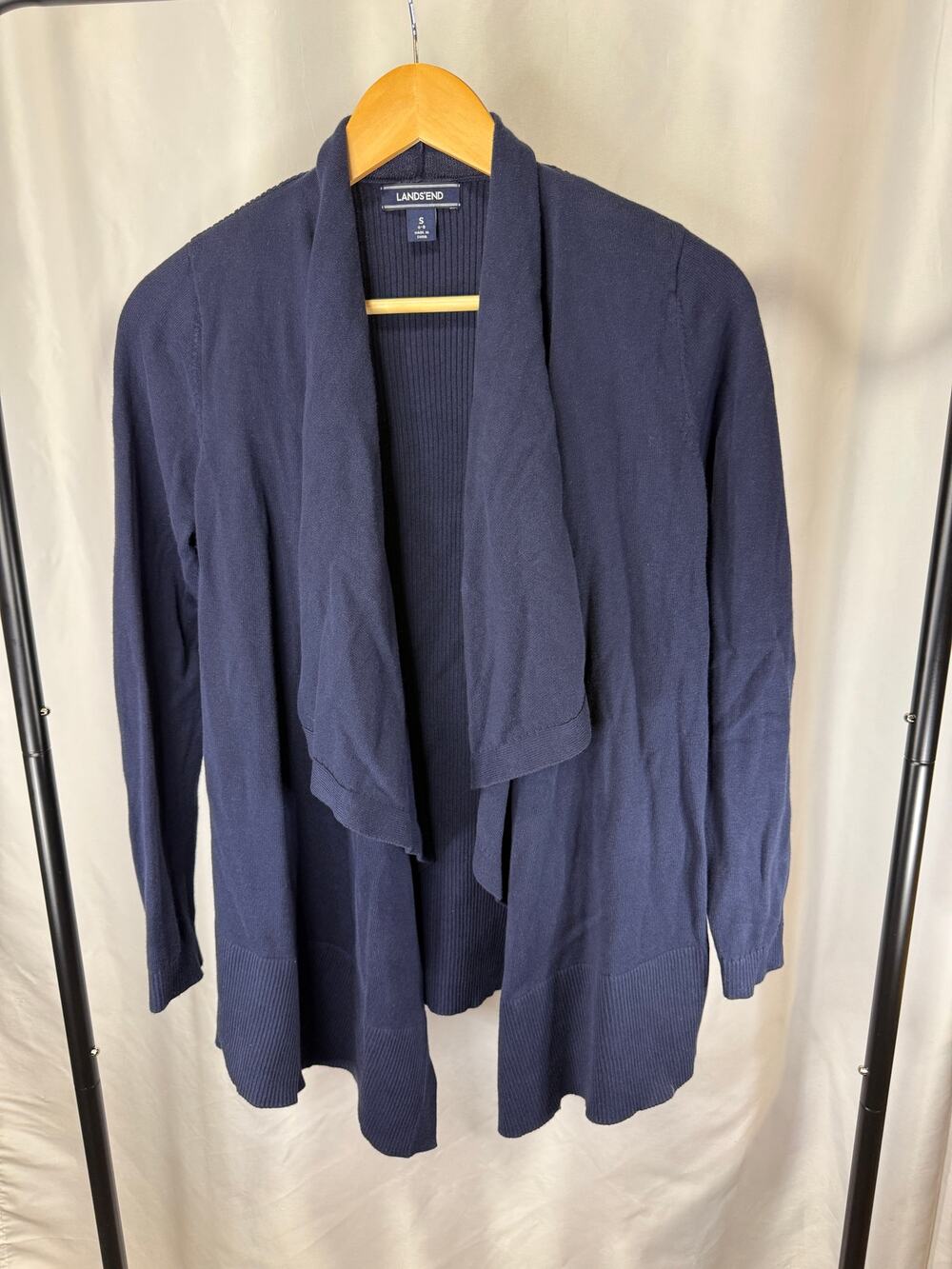 Lands’ End Women’s Small 6-8 Navy Blue 100% Cotton Open Front Cardigan Sweater